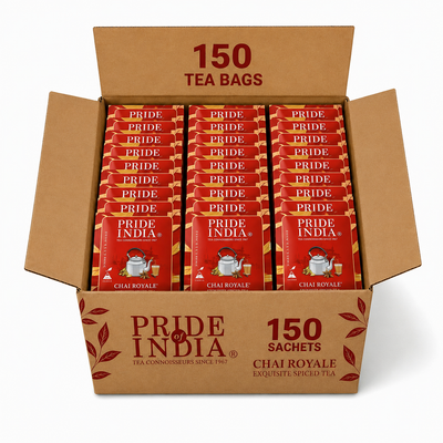 Pride of India Chai Royale Spiced Tea - 150 Individually Wrapped Full Leaf Pyramid Tea Bags | Masala Chai Tea Bulk Pack for Food Service, Cafes, Hotels, Offices & Daily Tea Drinkers