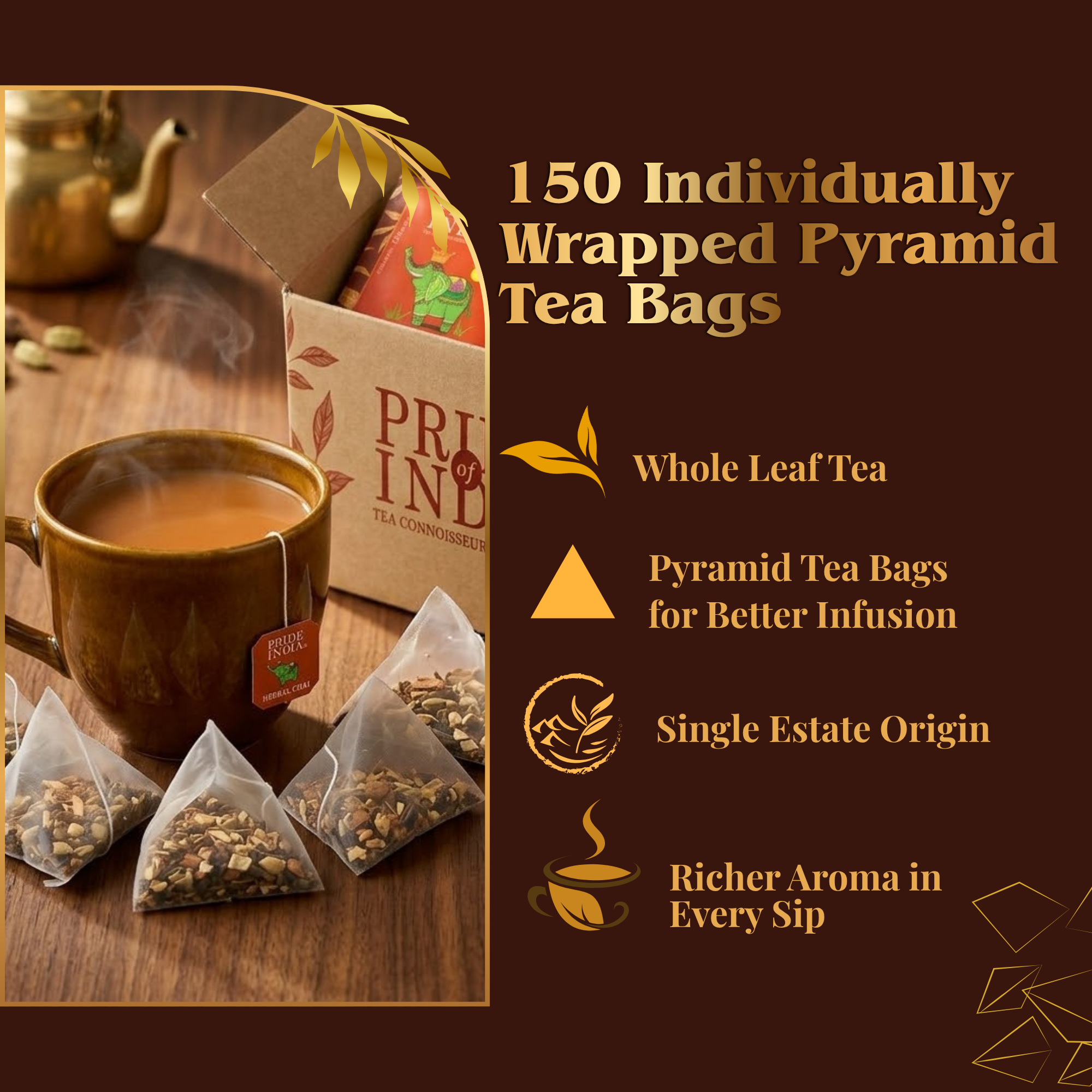 Pride of India Herbal Chai Spiced Tea - 150 Individually Wrapped Full Leaf Pyramid Tea Bags | Herbal Tea Bulk Pack for Food Service, Cafes, Hotels, Offices & Daily Tea Drinkers