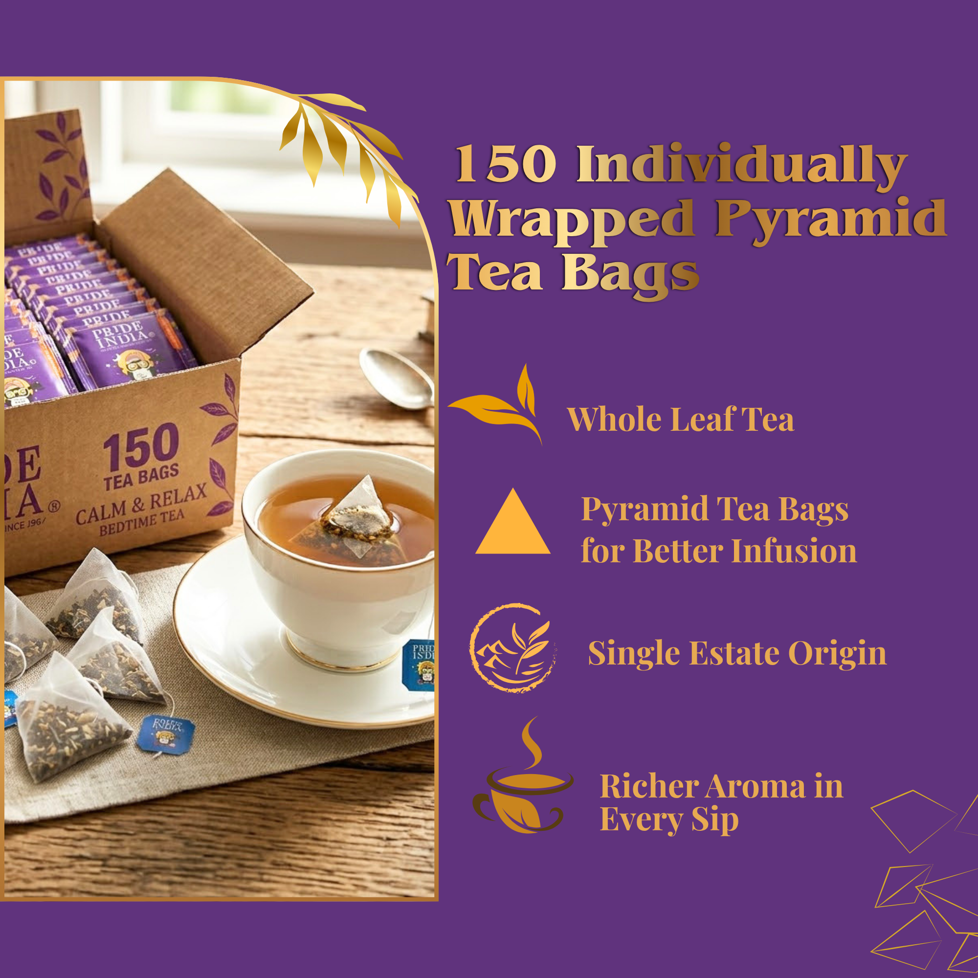 Pride of India Calm & Relax Bedtime Tea - 150 Individually Wrapped Full Leaf Pyramid Tea Bags | Herbal White Tea Bulk Pack for Food Service, Cafes, Hotels, Offices & Daily Tea Drinkers