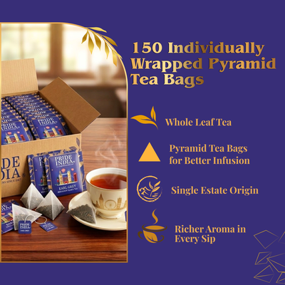 Pride of India Earl Grey Black Tea - 150 Individually Wrapped Full Leaf Pyramid Tea Bags | Bergamot Black Tea Bulk Pack for Food Service, Cafes, Hotels, Offices & Daily Tea Drinkers