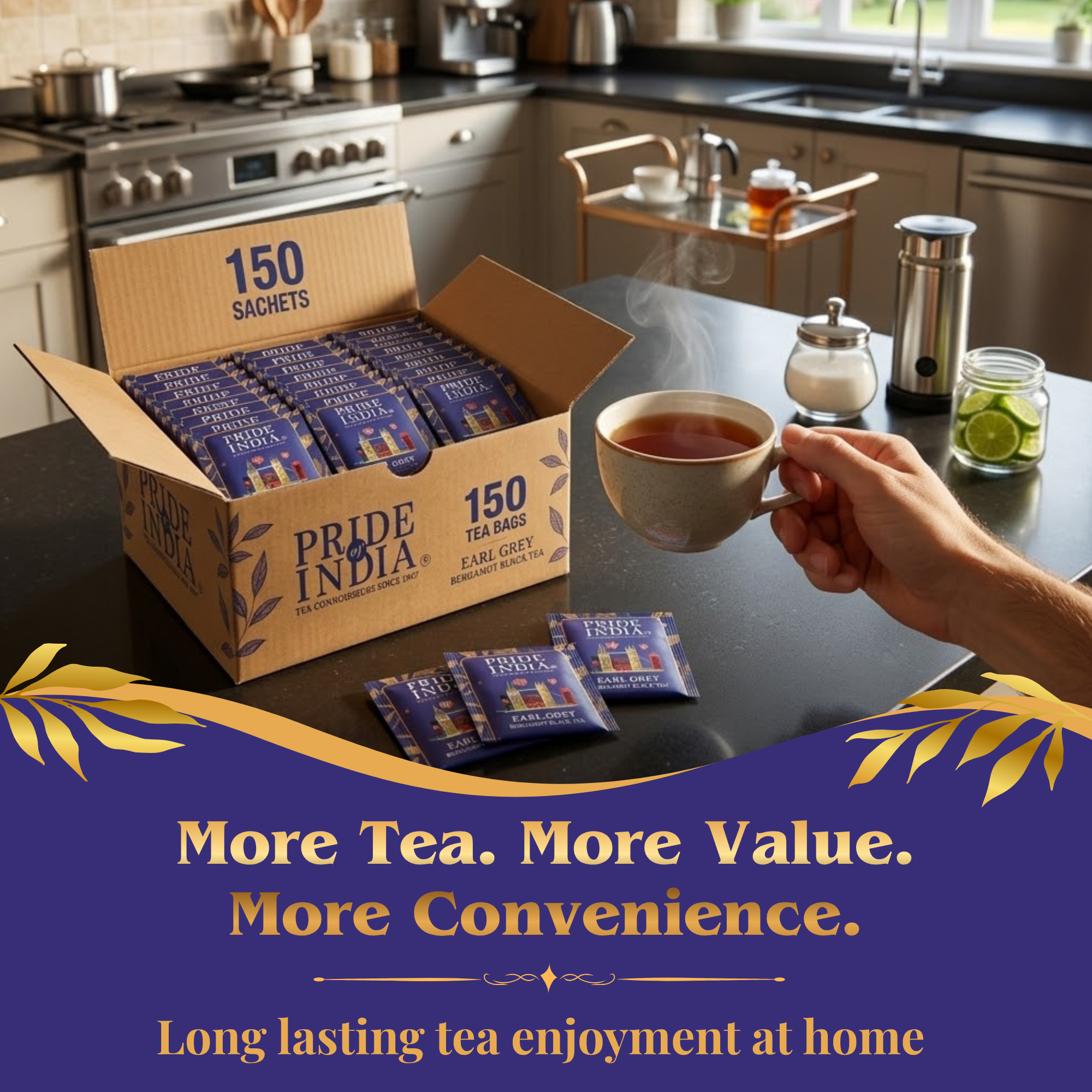 Pride of India Earl Grey Black Tea - 150 Individually Wrapped Full Leaf Pyramid Tea Bags | Bergamot Black Tea Bulk Pack for Food Service, Cafes, Hotels, Offices & Daily Tea Drinkers