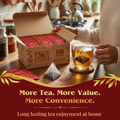 Pride of India Assamese Gold Black Tea - 150 Individually Wrapped Full Leaf Pyramid Tea Bags | Bulk Pack for Food Service, Restaurants, Cafes, Hotels, Offices & Daily Tea Drinkers