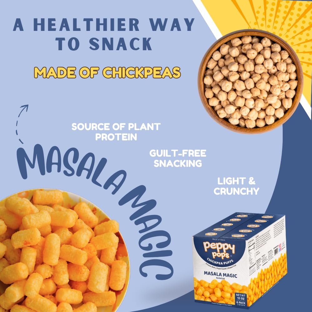Peppy Pops Chickpea Puffs Masala Magic Flavor - 6 Pack, 12 oz | Indian Spiced High Protein Snacks | Crunchy Better-for-You Snack and Healthy Alternative to Chips with 6g Protein Per Bag