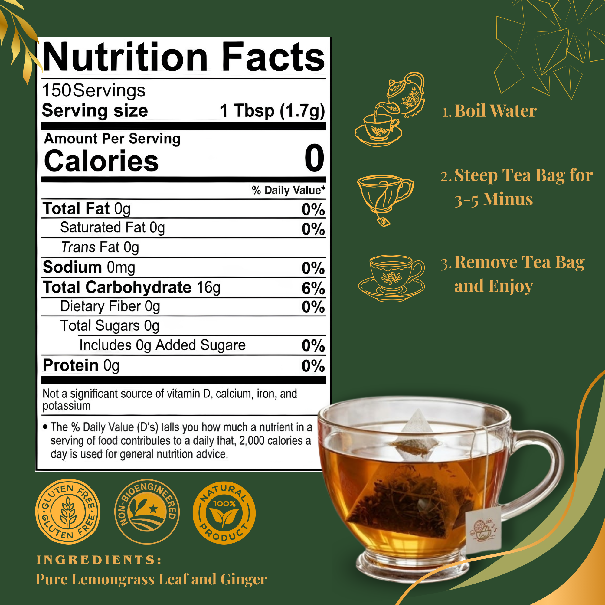 Pride of India Lemongrass Ginger Herbal Tea - 150 Individually Wrapped Full Leaf Pyramid Tea Bags | Refreshing Tea Bulk Pack for Food Service, Cafes, Hotels, Offices & Daily Tea Drinkers
