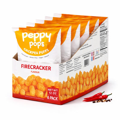 Peppy Pops Chickpea Puffs Firecracker Flavor - 6 Pack, 12 oz | Spicy Schezwan High Protein Snacks | Crunchy Better-for-You Snack and Healthy Alternative to Chips with 6g Protein Per Bag