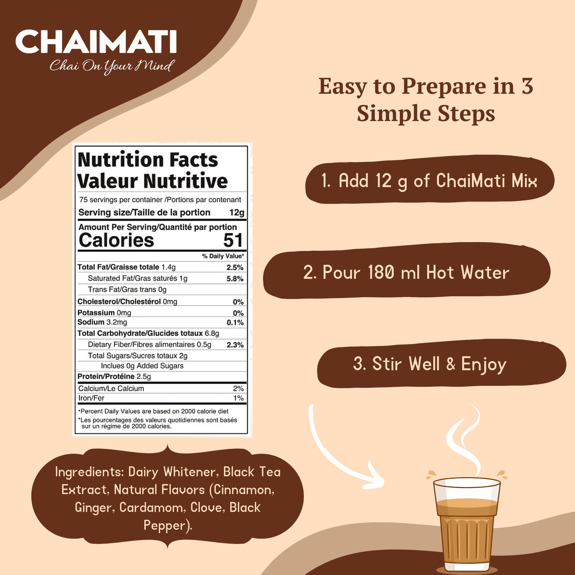 Chaimati Unsweetened Masala Chai Mix, 2 LB (908 gm) | No Added Sugar, Gluten Free, Dairy Based | Instant Powdered Tea, Makes 75 Cups | Cinnamon, Ginger, Cardamom | Ready in Seconds | Hot or Iced