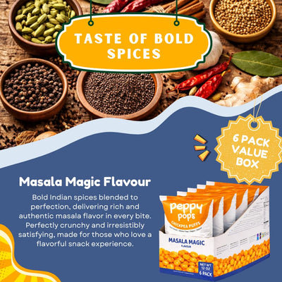 Peppy Pops Chickpea Puffs Masala Magic Flavor - 6 Pack, 12 oz | Indian Spiced High Protein Snacks | Crunchy Better-for-You Snack and Healthy Alternative to Chips with 6g Protein Per Bag