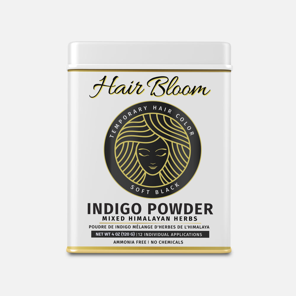 Hair Bloom Natural Jet Black Hair Color- Indigo Powder w/ Mixed Himalayan Herbs Hair Color Powder- 12 individual sachets (10 gm each)- Reusable Brush & Tray Included - Pride Of India